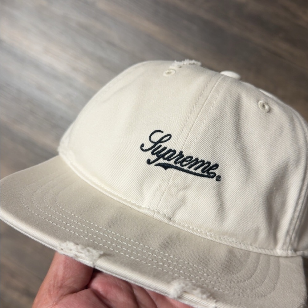 Supreme Distressed 6 Panel Twill Script Cap with Black Embroidered Strapback